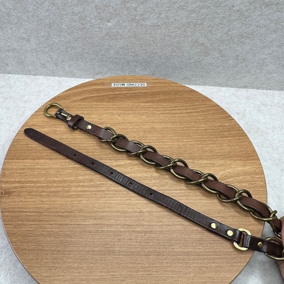 Abercrombie Fitch Womens Leather Chain Belt XS S Brown Metal Buckle Y2K Hip Belt - Picture 8 of 11